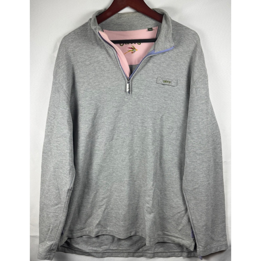 Orvis Mens Large Heather Gray Quarter Zip Pique Pullover Fly Fishing Lure Logo